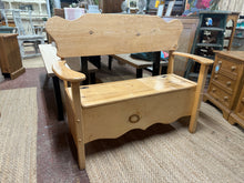 Load image into Gallery viewer, This vintage pine bench is not only structurally sound, but also in excellent condition despite minor marks. Its versatile design makes it perfect for a hallway or as additional seating at a dining table. With a lift-up seat, it provides ample storage space.
Overall Dimensions
112cm wide x 49cm deep x 94cm high
DELIVERY AVAILABLE    
For our other items see our website https://fossewayfurniture.co.uk
collection from cv36 or delivery available