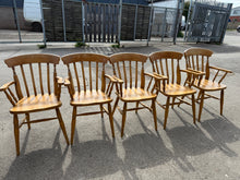 Load image into Gallery viewer, This exquisite set of 5 vintage pine carvers are structurally sound and in good condition overall. Although they are pre-owned and may have some minor marks, they remain in overall good shape.
Overall Dimensions
approx : 56cm wide x 44cm deep x 89cm high
DELIVERY AVAILABLE      
For our other items see our website https://fossewayfurniture.co.uk
collection from our shop at cv36, our collection zone at bs36 or otherwise delivery is available