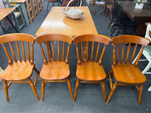 Load image into Gallery viewer, This charming set of four solid pine chairs brings timeless character to any space. Each chair is structurally sound and fully functional, bearing the gentle patina of age and use. With minor surface marks and wear, they're ideal for anyone seeking authentic vintage pieces or a rewarding up-cycling project. Solid pine construction ensures durability, while their classic design complements both traditional and contemporary interiors.
Delivery Available
Overall Dimensions
approx : 39cm wide x 38cm deep x 8