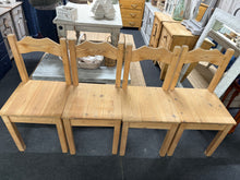 Load image into Gallery viewer, A beautiful collection of four solid pine chairs, ready for your personal touch. Each piece has been stripped back to bare wood, revealing the natural grain and character of quality timber. Perfect for those who love to customise their furniture, these chairs are ideal candidates for finishing with wax, stain, or paint to match your unique style and décor.
Overall Dimensions
approx : 43.5cm wide x 42.5cm deep x 88.5cm high
DELIVERY AVAILABLE
For our other items see our website https://fossewayfurn