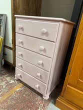 Load image into Gallery viewer, This charming solid pine chest features five spacious drawers and is beautifully finished in Farrow & Ball's delightful 'Cinder Rose' shade. Perfect for adding a touch of warmth and ample storage to any room.
Overall Dimensions
61cm wide x 44cm deep x 92cm high
DELIVERY AVAILABLE      
For our other items see our website https://fossewayfurniture.co.uk
collection from our shop at CV36 4QZ or purchase online for delivery.