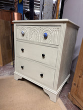 Load image into Gallery viewer, This charming oak chest of drawers is beautifully finished in a cheerful sage green. It’s sturdy and well-maintained, featuring three spacious drawers with classic dovetail joints for reliable storage. It has a few marks but nothing too major.
Delivery Available
Overall Dimensions
64cm wide x 48cm deep x 76.5cm high       