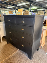 Load image into Gallery viewer, This lovely mahogany chest of drawers has been stripped and given a fresh coat of Frenchic’s 'Black Jack' paint. It shows some light signs of use, but nothing significant. With two small dovetail jointed drawers above three larger ones, it provides plenty of storage space.
Overall Dimensions
116.5cm wide x 48cm deep x 97cm high
DELIVERY AVAILABLE      
For our other items see our website https://fossewayfurniture.co.uk
collection from our shop at cv36, our collection zone at bs36 or otherwise delivery