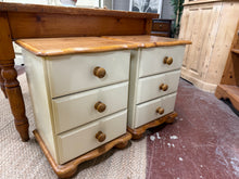 Load image into Gallery viewer, Pair of cream bedside tables with two-tone styling and practical storage. Each unit features three shallow drawers, ideal for keeping essentials within reach. Pre-loved with minor cosmetic marks that add character. A great choice for those seeking authentic vintage pieces or a rewarding upcycling project.
Delivery Available
Overall Dimensions
43cm wide x 39cm deep x 38.5cm high