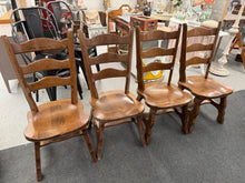 Load image into Gallery viewer, A classic set of four solid oak dining chairs, structurally sound and ready for immediate use. Each chair bears the gentle patina of age with minor surface marks that add character rather than detract from their appeal. Ideal for those seeking authentic, durable seating with timeless appeal. Perfect for dining rooms or kitchen tables where quality craftsmanship meets practical everyday living.
Delivery Available
Overall Dimensions
approx : 45cm wide x 48cm deep x 102cm high 