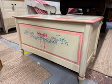 Load image into Gallery viewer, This charming solid pine blanket box is sturdy and in good shape overall. While it’s pre-loved and shows some minor marks, they’re nothing too significant. Previously painted by its owners, it might enjoy a little refresher touch-up. The lid lifts easily to reveal plenty of storage space.
Overall Dimensions
85cm wide x 44.5cm deep x 51cm high
DELIVERY AVAILABLE      
For our other items see our website https://fossewayfurniture.co.uk
collection from our shop at CV36 4QZ or purchase online for delivery.