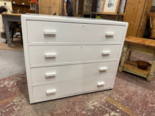 Load image into Gallery viewer, This charming wooden chest of drawers features a glossy white finish applied by previous owners, with a few spots that might need a little refreshing. It offers four spacious long drawers with dovetail joints, perfect for your storage needs. It is structrually sound.
Overall Dimensions
99cm wide x 50.5cm deep x 84cm high
DELIVERY AVAILABLE      
For our other items see our website https://fossewayfurniture.co.uk
collection from our shop at cv36, our collection zone at bs36 or otherwise delivery is avai