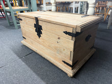 Load image into Gallery viewer, A charming blanket box crafted from solid pine with authentic rustic character. While it bears the natural patina of age with minor surface marks, the piece remains structurally robust and fully functional. The hinged lid opens to provide generous storage space.
Delivery Available
Overall Dimensions
92.5cm wide x 46cm deep x 46.5cm high