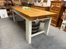 Load image into Gallery viewer, A substantial 7ft rustic dining table built for durability and gatherings. The chunky solid top is removable from the base, making it easier to move or rearrange. Shows authentic signs of age with minor marks that enhance its rustic character. The legs are candidates for refreshing with paint if you'd like to restore them to like-new condition. Comfortably seats 8 people, making it ideal for family meals and entertaining. Structurally sound and ready for your home.
Delivery Available
Overall Dimensions
2