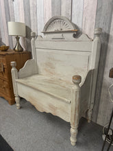Load image into Gallery viewer, A charming solid pine storage bench with whitewashed finish. The lift-up seat reveals generous hidden storage, perfect for hallways, bedrooms, or living spaces. Structurally sound with some marks but nothing major at all. Ideal for those seeking practical furniture with vintage charm.
Delivery Available
Overall Dimensions
94cm wide x 43cm deep x 116cm high
