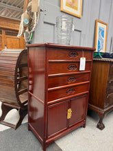 Load image into Gallery viewer, This Chinese hardwood cutlery cupboard combines timeless craftsmanship with practical storage. Structurally sound and in good condition, it features four dovetail-jointed drawers—each precisely crafted for durability—and a single cupboard compartment ideal for storing cutlery, linens, or treasured pieces. The quality construction and elegant design make it a distinguished addition to any dining room or kitchen.
Delivery Available
Overall Dimensions
60.5cm wide x 38cm deep x 91.5cm high