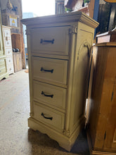 Load image into Gallery viewer, A charming French-style tallboy in good used condition, with solid construction and patina that adds character. Features four dovetail-jointed drawers offering generous storage. Minor marks consistent with age and use. Perfect for adding vintage elegance to any bedroom or hallway.
Delivery Available
Overall Dimensions
50cm wide x 36cm deep x 101cm high