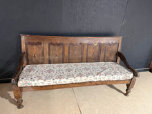 Load image into Gallery viewer, A charming oak settle with authentic character. Structurally sound and fully functional, this piece bears the natural patina of age—surface marks, bumps, and some peeling veneer is present. An ideal foundation for a creative up-cycling or restoration project. Perfect for those seeking genuine vintage furniture with personality and potential.
Delivery Available
Overall Dimensions
181cm wide x 65cm deep x 92cm high