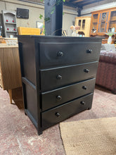 Load image into Gallery viewer, This black painted pine chest features four spacious drawers, ideal for bedroom or living room storage. The piece has a few surface marks but nothing that affects its use. Its sleek black finish complements contemporary and modern interiors effortlessly, making it a versatile addition to any home.
Delivery Available
Overall Dimensions
85cm wide x 40cm deep x 91cm high