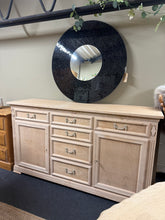 Load image into Gallery viewer, This spacious cherry sideboard combines classic elegance with practical storage. Stripped to reveal its natural wood grain, it's structurally sound and ready for finishing—a light wax coat will enhance protection and lustre.
Six generous drawers and two cupboards provide ample organisation for dining rooms, hallways, or living spaces. Includes 2 keys however one is bent.
Delivery Available
Overall Dimensions
165.5cm wide x 48cm deep x 93cm high