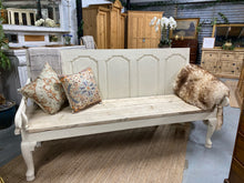 Load image into Gallery viewer, This stunning oak bench has been painted in 'Creme de la creme' by Frenchic. The seat has been replaced with wooden planks making this a truly unique piece. This item is old and does have some marks to the wood but nothing major at all. It is structurally sound and in great condition for its age.
Overall Dimensions
190cm wide x 70cm deep x 102cm high 
DELIVERY AVAILABLE    
For our other items see our website https://fossewayfurniture.co.uk
collection from cv36 or bs36