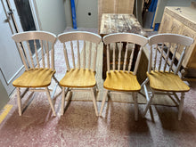 Load image into Gallery viewer, A charming set of four wooden dining chairs, structurally sound and ready for your table. Each chair shows gentle signs of use with minor marks that add character rather than detract from their appeal. Perfect for those seeking authentic vintage or reclaimed furniture with plenty of life left to give.
Delivery Available
Overall Dimensions
approx : 40cm wide x 40cm deep x 85cm high