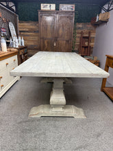 Load image into Gallery viewer, Transform your dining space with the elegant Pine White Washed Table. Not only is it structurally sound, but its charming natural marks add character. With the option to disassemble into four sections, this table is designed for effortless moving. Plus, it comfortably seats 6-8 people, making it perfect for family gatherings or dinner parties.
Overall Dimensions
200cm long x 100cm wide x 76cm high
DELIVERY AVAILABLE      
For our other items see our website https://fossewayfurniture.co.uk
collection fr