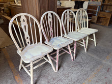 Load image into Gallery viewer, This delightful set of 4 distressed chairs brings character to any dining space! Each chair is sturdy and reliable, with the charming worn aesthetic that only comes from gentle use. The minor marks add to their unique personality without compromising their excellent condition.
Overall Dimensions
approx : 44.5cm wide x 42cm deep x 92cm high
DELIVERY AVAILABLE      
For our other items see our website https://fossewayfurniture.co.uk
collection from our shop at cv36, our collection zone at bs36 or otherwi