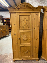 Load image into Gallery viewer, This gorgeous solid pine wardrobe is structurally sound and in good condition. It is used so does have some marks but nothing too major. It has one long hanging rail and one shelf for storage. This would be a great addition to your football loving Childs room.
Overall Dimensions
97cm wide x 50cm deep x 181.5cm high 
DELIVERY AVAILABLE    
HAVE THIS PAINTED A COLOUR OF YOUR CHOICE FOR AN EXTRA £100 OR COMPLETELY STRIPPED BACK FOR £120 
For our other items see our website https://fossewayfurniture.co.uk
