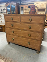 Load image into Gallery viewer, This stunning large mahogany chest f drawers is structurally in great shape. It does have a bit of damage to the top corner but nothing major. It has been completely stripped back to its natural wood so does need wax for protection. It has 2 short drawers over 3 long for storage. Comes complete with its original handles.  Overall Dimensions  118cm wide x 55cm deep x 107cm high