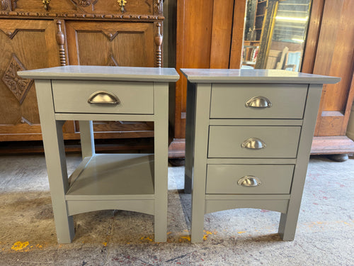 This charming pair of grey bedside tables are sturdy and well-maintained. Previously painted by their owners, they might benefit from a little freshening up. One features three handy drawers for ample storage, while the other offers a single drawer plus a lower shelf for extra space.

Delivery Available

Overall Dimensions

45cm wide x 41cm deep x 60cm high 
