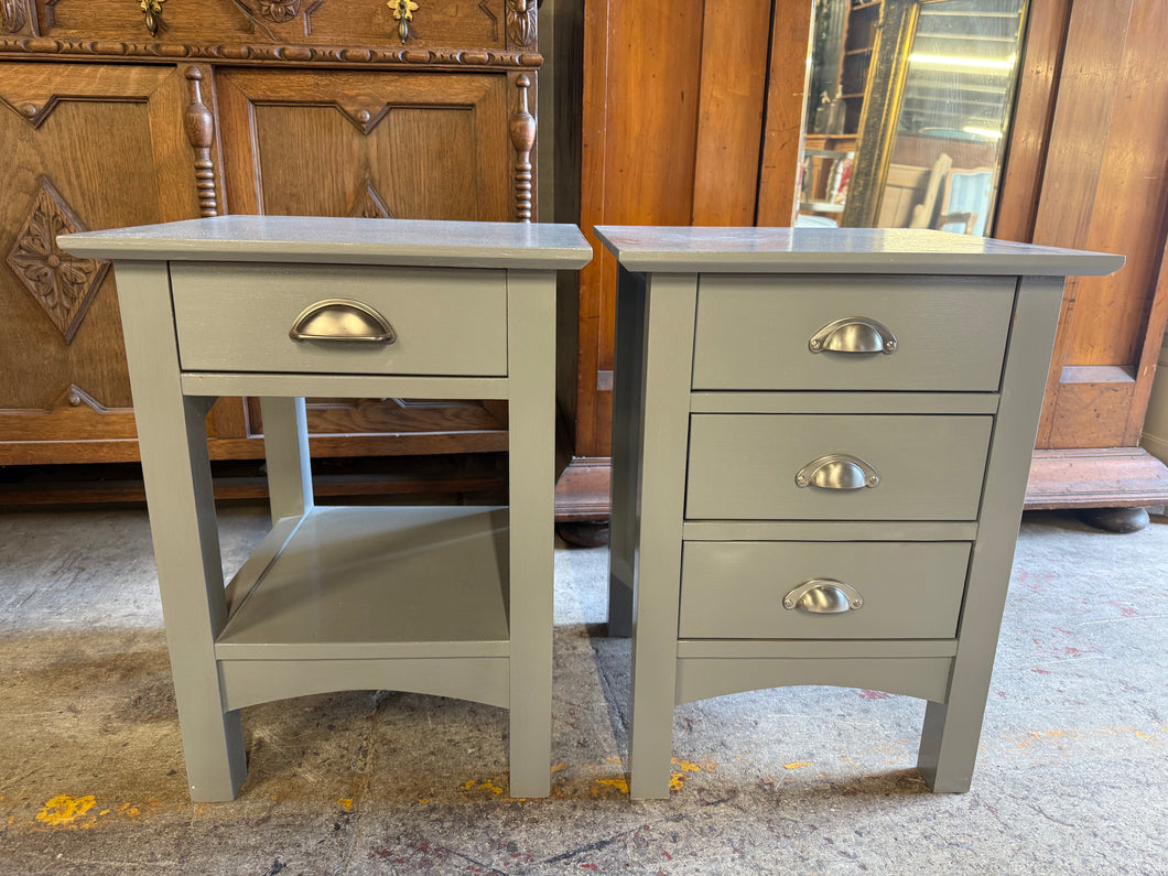 This charming pair of grey bedside tables are sturdy and well-maintained. Previously painted by their owners, they might benefit from a little freshening up. One features three handy drawers for ample storage, while the other offers a single drawer plus a lower shelf for extra space.

Delivery Available

Overall Dimensions

45cm wide x 41cm deep x 60cm high 
