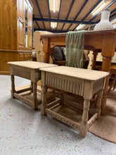 Load image into Gallery viewer, A charming pair of stripped oak bedside tables, restored to reveal their natural wood grain. Each features a dovetail-jointed drawer for practical storage. Structurally sound and ready for finishing—a light wax will enhance the wood and provide protection. Ideal for period homes or anyone seeking authentic vintage character with quality craftsmanship.

Delivery Available

Overall Dimensions

52cm wide x 36cm deep x 44.5cm high

