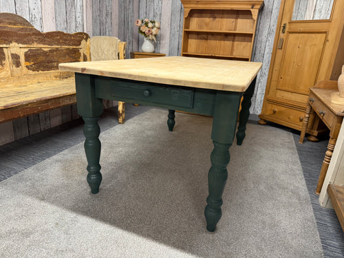 This beautiful 'Oxford Green' solid pine table is sturdy and well-maintained. It shows only minor marks, nothing significant. The tabletop has been sanded smooth, while the legs feature a charming green hue. For convenience, the legs can be removed to make moving easier. Plus, it includes a handy drawer at the front for extra storage.

Overall Dimensions

152cm long x 85cm wide x 76cm high

DELIVERY AVAILABLE      

For our other items see our website https://fossewayfurniture.co.uk

collection from our sho