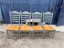 Load image into Gallery viewer, A charming set of four pine dining chairs, each finished in a soft sage green by a previous owner. These sturdy pieces show honest wear and patina—minor marks that speak to their character and durability. Perfect for adding warmth and personality to any dining space. Fully functional and ready to bring life to your table.

Delivery Available

Overall Dimensions

approx : 46cm wide x 43cm deep x 106.5cm high
]
