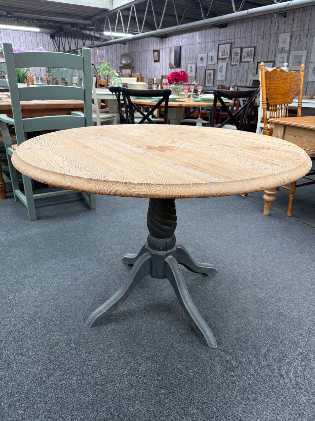 The durable and stable round table, made from solid pine, is in overall good condition. While it may have some minor marks due to previous use, a simple sanding and coat of paint will restore it to its original state. The top can be removed from the base, making it easy to move.

Overall Dimensions

106cm diameter x 74cm high

DELIVERY AVAILABLE      

HAVE THIS PAINTED A COLOUR OF YOUR CHOICE FOR AN EXTRA £80 OR HAVE IT COMPLETELY STRIPPED BACK FOR JUST £90    

For our other items see our website https://