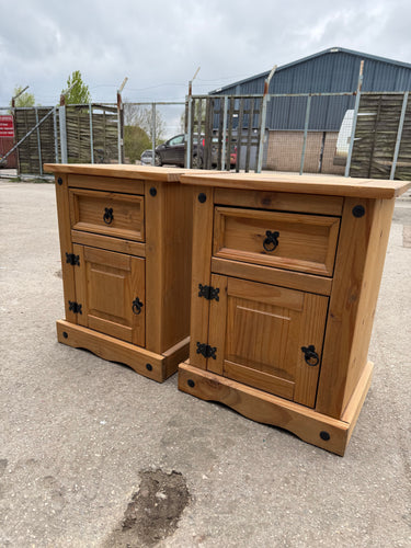 Constructed with durable solid pine, these two bedsides are in great condition and offer ample storage with 1 drawer and 1 cupboard each. Despite some minor wear from previous use, they are still in sturdy and good condition.

Overall Dimensions

53cm wide x 38.5cm deep x 67cm high

DELIVERY AVAILABLE      

HAVE THIS PAINTED A COLOUR OF YOUR CHOICE FOR AN EXTRA £70 OR HAVE IT COMPLETELY STRIPPED BACK FOR JUST £80    

For our other items see our website https://fossewayfurniture.co.uk

collection from our 