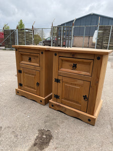 Constructed with durable solid pine, these two bedsides are in great condition and offer ample storage with 1 drawer and 1 cupboard each. Despite some minor wear from previous use, they are still in sturdy and good condition.

Overall Dimensions

53cm wide x 38.5cm deep x 67cm high

DELIVERY AVAILABLE      

HAVE THIS PAINTED A COLOUR OF YOUR CHOICE FOR AN EXTRA £70 OR HAVE IT COMPLETELY STRIPPED BACK FOR JUST £80    

For our other items see our website https://fossewayfurniture.co.uk

collection from our 