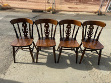 Load image into Gallery viewer, Crafted from solid wood, this set of 4 farmhouse dining chairs combines rustic charm with practical durability. Each chair is structurally sound and ready to enhance your dining space. The natural patina and minor surface marks add authentic character—a light wax finish will restore lustre and protect the wood for years to come. Perfect for creating a warm, welcoming dining atmosphere.

Delivery Available

Overall Dimensions

approx : 42.5cm wide x 42cm deep x 87cm high

