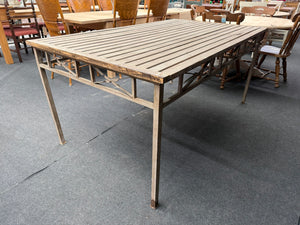 This beautiful French style dining table is sturdy and well-maintained. It has a few minor marks, but nothing significant. Ideal for both indoor and outdoor use, the metal legs are fixed and do not detach.

Overall Dimensions

178cm long x 105cm wide x 80cm high

DELIVERY AVAILABLE      

For our other items see our website https://fossewayfurniture.co.uk

collection from our shop at cv36, our collection zone at bs36 or otherwise delivery is available
