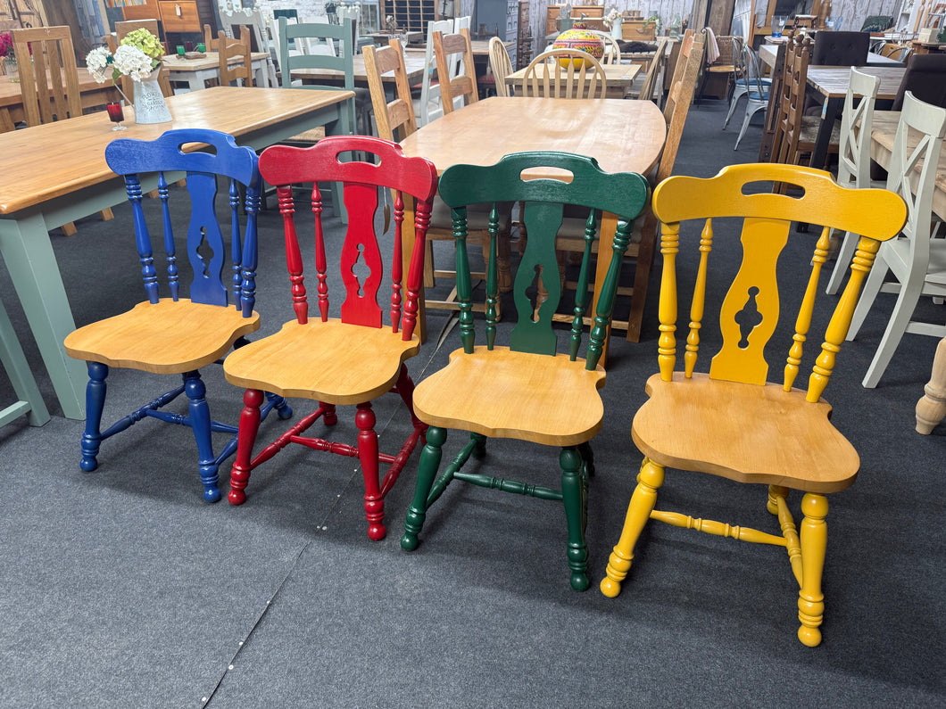 Discover the vibrant charm of the Harlequin Range from Fosseway Furniture. This eye-catching set of four solid pine dining chairs showcases a bold palette of blue, red, green, and yellow, each paired with a warm antique pine waxed seat. Built to last with sturdy construction and excellent condition throughout, these characterful pieces promise to inject personality and colour into your dining space, creating a welcoming atmosphere that sparks conversation and joy at every meal.

Overall Dimensions

approx :