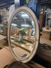 Load image into Gallery viewer, This stunning hardwood bevelled edged mirror has a stunning white washed finish. It is structurally sound and in overall good condition. Nice statement piece for any room.

Delivery Available

Overall Dimensions

48cm wide x 64cm high

