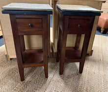 Load image into Gallery viewer, A charming pair of hardwood bedside tables, both structurally sound and in good condition. Each features a removable stone tile top, practical drawer storage, and a lower shelf for additional space. Perfect for coordinating bedroom styling.

Delivery Available

Overall Dimensions

30cm wide x 30cm deep x 62cm high


