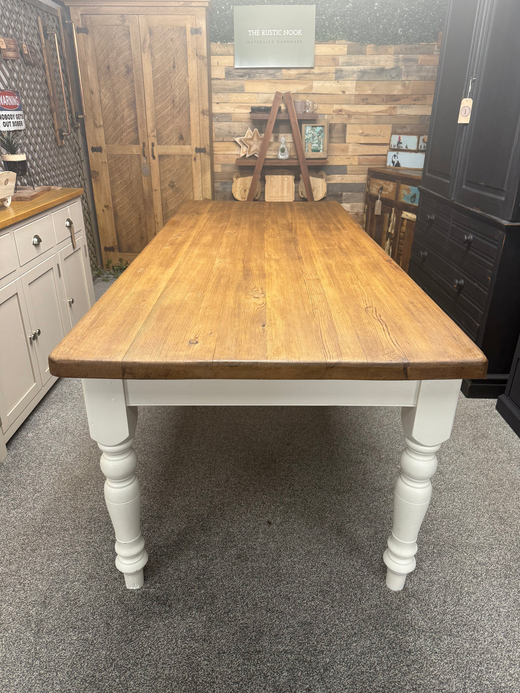 This 7ft solid pine dining table is both sturdy and in good condition. While there are some minor marks on the wood, they only add to its aesthetic appeal. The top has been sanded and coated with an oak wax, while the legs have been painted in 'Wedding Cake' by Frenchic. The legs do not come off.

Overall Dimensions

213cm wide x 90cm deep x 77cm high

DELIVERY AVAILABLE      

For our other items see our website https://fossewayfurniture.co.uk

collection from our shop at cv36, our collection zone at bs36 
