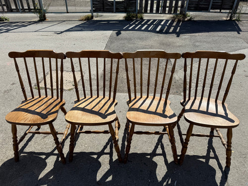 This delightful set of four wooden dining chairs are sturdy and in great overall shape. While they show some signs of wear, these marks don’t impact their functionality.

Delivery Available

Overall Dimensions

approx : 43cm wide x 43cm deep x 86cm high
