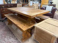 Load image into Gallery viewer, This charming rustic wooden table and bench set combines authentic character with practical functionality. Structurally sound and in good overall condition, it seats 6–8 people comfortably, making it ideal for family gatherings and entertaining. The table top edges show gentle signs of age that add to its rustic appeal. Perfect for country-style interiors and farmhouse settings.

Delivery Available

Overall Dimensions

table dimensions : 160cm long x 90cm wide x 76cm high

