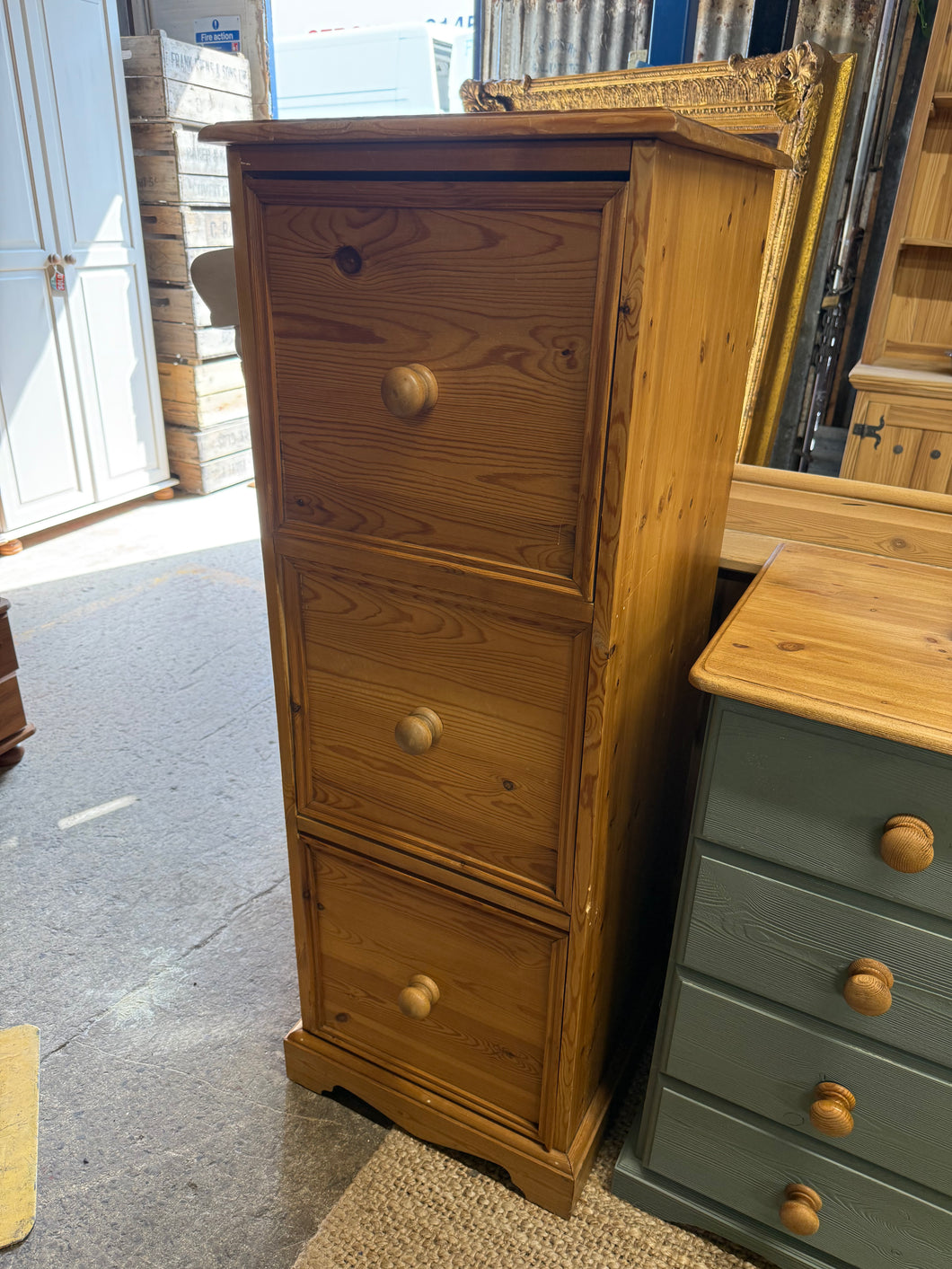 This sturdy solid pine tallboy is in great shape overall. While it shows a few marks, they don’t impact its functionality. It features three spacious drawers with durable dovetail joints.

Overall Dimensions

45cm wide x 45.5cm deep x 124cm high

DELIVERY AVAILABLE      

HAVE THIS PAINTED A COLOUR OF YOUR CHOICE FOR AN EXTRA £70 OR HAVE IT COMPLETELY STRIPPED BACK FOR JUST £80    

For our other items see our website https://fossewayfurniture.co.uk

collection from our shop at cv36, our collection zone at 
