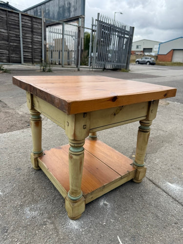 This charming solid pine side table features a light green distressed paint finish applied by its previous owners, which might benefit from a little touch-up or a gentle sanding. It also includes a convenient lower shelf for extra storage.

Delivery Available

Overall Dimensions

61cm wide x 61cm deep x 56.5cm high 

Split the cost over 3 months with KLARNA when you spend £50 or more          

All our items are second hand so may have a few marks,knocks ,chips etc that aren't clearly seen in the photos.

P