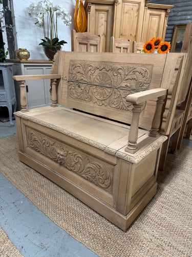 Maximize your space with the Greenman Stripped Oak Storage Seat. While structurally sound and in overall good condition, this seat has been stripped for a sleek look. Don't worry about knocks or a crack that has been repaired - it's all minor details. The best part? The back can fold down, making it an adaptable coffee table. And, there's hidden storage under the seat. Finish it off with a coat of wax for added protection.

Overall Dimensions

107cm wide x 40cm deep x 90cm high

DELIVERY AVAILABLE      

Fo