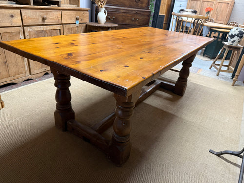 This beautiful, sturdy solid pine refectory table is in good condition overall. While it shows some signs of use, the marks are minor and add character. It comfortably accommodates 8 people, and the tabletop can be unscrewed from the base to make moving it simpler.

Overall Dimensions

213cm long x 96cm wide x 76cm high

DELIVERY AVAILABLE      

HAVE THIS PAINTED A COLOUR OF YOUR CHOICE FOR AN EXTRA £120 OR HAVE IT COMPLETELY STRIPPED BACK FOR JUST £140    

For our other items see our website https://foss