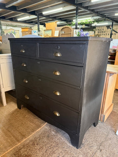This lovely mahogany chest of drawers has been stripped and given a fresh coat of Frenchic’s 'Black Jack' paint. It shows some light signs of use, but nothing significant. With two small dovetail jointed drawers above three larger ones, it provides plenty of storage space.

Overall Dimensions

116.5cm wide x 48cm deep x 97cm high

DELIVERY AVAILABLE      

For our other items see our website https://fossewayfurniture.co.uk

collection from our shop at cv36, our collection zone at bs36 or otherwise delivery 