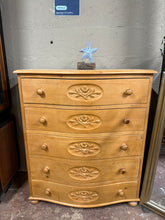 Load image into Gallery viewer, A solid pine chest of drawers offering generous storage across five spacious drawers. Structurally sound with authentic character, featuring minor marks that add to its vintage appeal. Ideal for bedrooms or living spaces needing reliable, functional storage with timeless wooden charm.

Delivery Available

Overall Dimensions

90cm wide x 46.5cm deep x 107cm high

