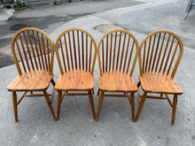 Load image into Gallery viewer, A dependable quartet of pine dining chairs built to last. Each chair is structurally robust and in good working order, with the expected wear marks that come with use. Perfect for families or anyone after honest, hardwearing seating without the premium price tag.

Delivery Available

Overall Dimensions

approx : 41cm wide x 43cm deep x 92.5cm high&nbsp;

