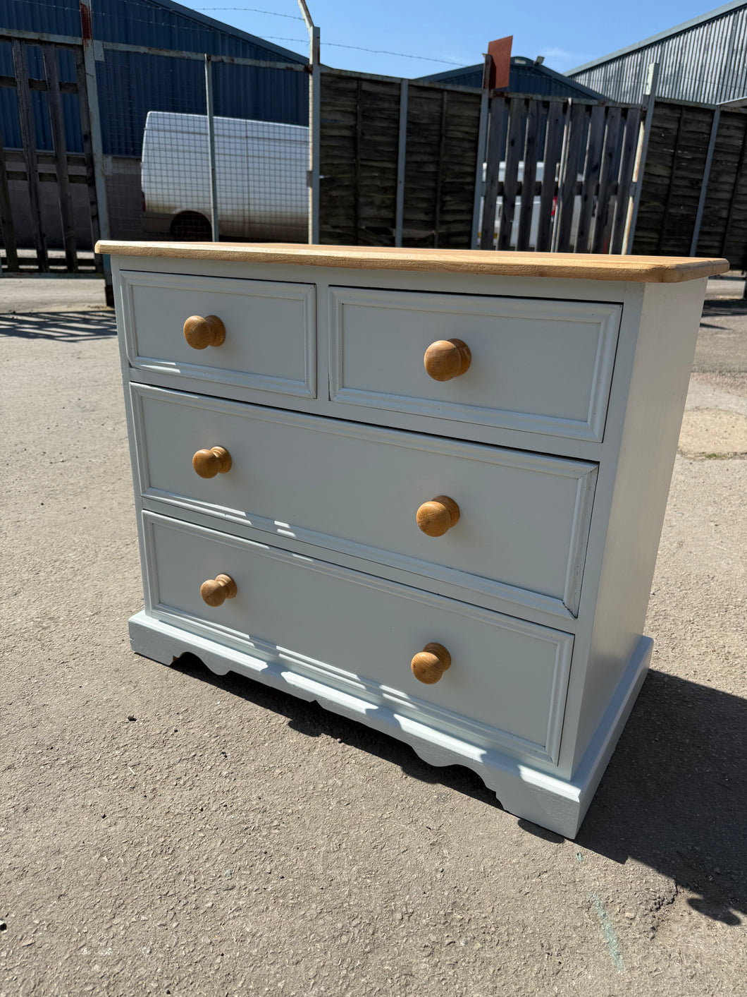 This sturdy pine chest of drawers is coated in 'Skylight' paint by Farrow & Ball, with the top hand-sanded and waxed. It features two small drawers and two larger ones, all with dovetail joints for secure storage. Despite some minor scratches and a small missing piece of trim, its overall appearance remains intact and functional.

Overall Dimensions

81cm wide x 44cm deep x 69cm high

DELIVERY AVAILABLE      

For our other items see our website https://fossewayfurniture.co.uk

collection from our shop at c