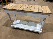 Load image into Gallery viewer, A charming solid wood hall table with authentic vintage character. The piece is structurally robust and well-maintained overall, featuring a practical lower shelf ideal for storing shoes, baskets, or decorative items. The white-painted base could benefit from a fresh coat of paint if you prefer a more polished look. An excellent addition to any hallway seeking warmth and functionality.

Delivery Available

Overall Dimensions

98cm wide x 34cm deep x 76cm high
